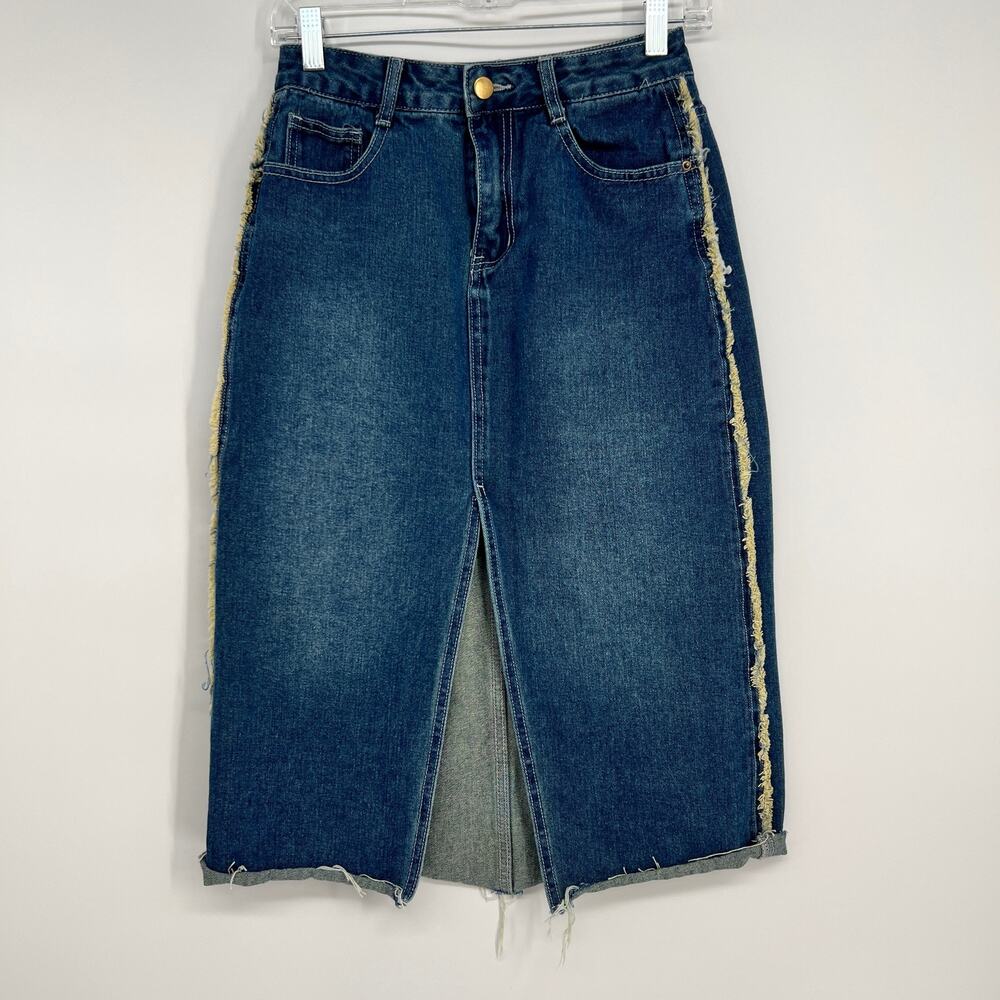 Dazy Denim Skirt Small Midi Front Split Western Fringe Cut Off Hem Boho Y2K
